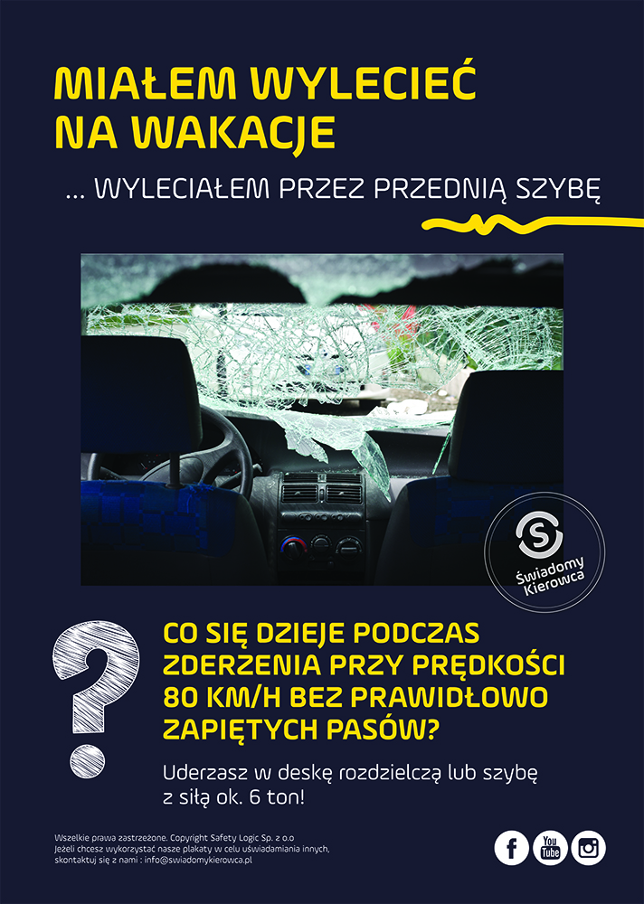 Grafika przedstawiająca wnętrze rozbitego samochodu z roztrzaskaną przednią szybą. To obraz siły zderzenia, która przy prędkości 80 km/h bez zapiętych pasów może równać się uderzeniu o masie 6 ton.